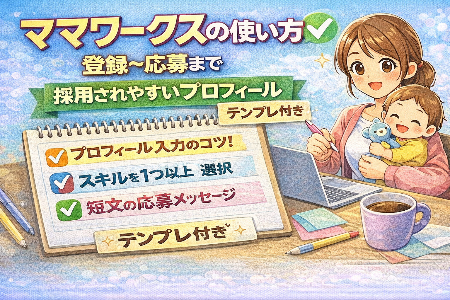 ママワークスの登録と応募手順を解説するサムネイル。プロフィール入力テンプレと応募メッセージ例をチェックリストで示した画像。