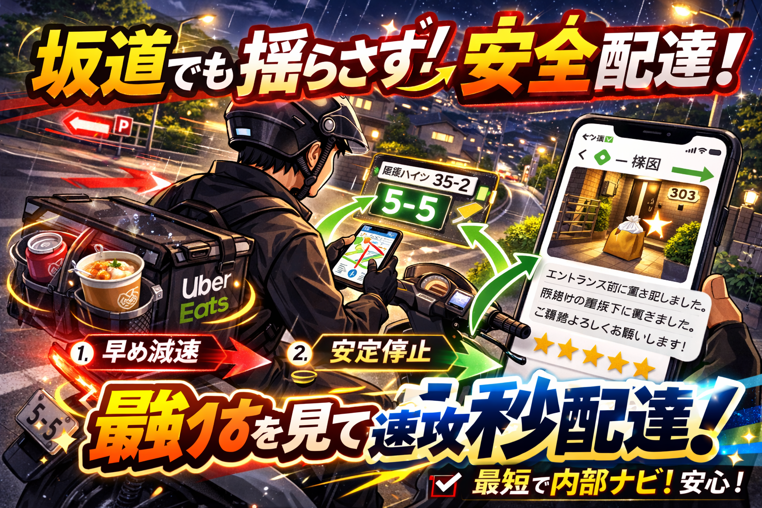 緑区（長津田/中山）の坂道で、原付50ccの配達員が「早め減速→安定停止→静かな再発進」の型で、汁物・ドリンクを揺らさず安全に配達している夜のイメージ