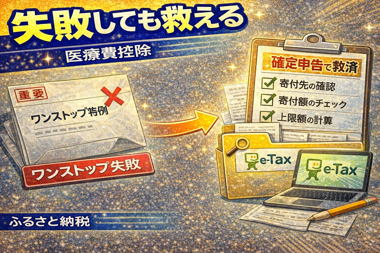 ふるさと納税のワンストップ失敗や寄付漏れを、確定申告のチェックリストで救済しているイメージ（2026）