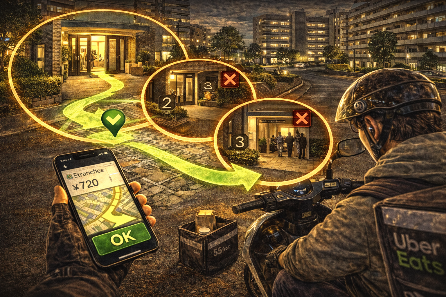 都筑区の団地・高層・複合建物の入口を地図で照合し、最短で正しいエントランスに当てて“入口迷子ゼロ”で置き配を成立させている50cc配達員のイメージ