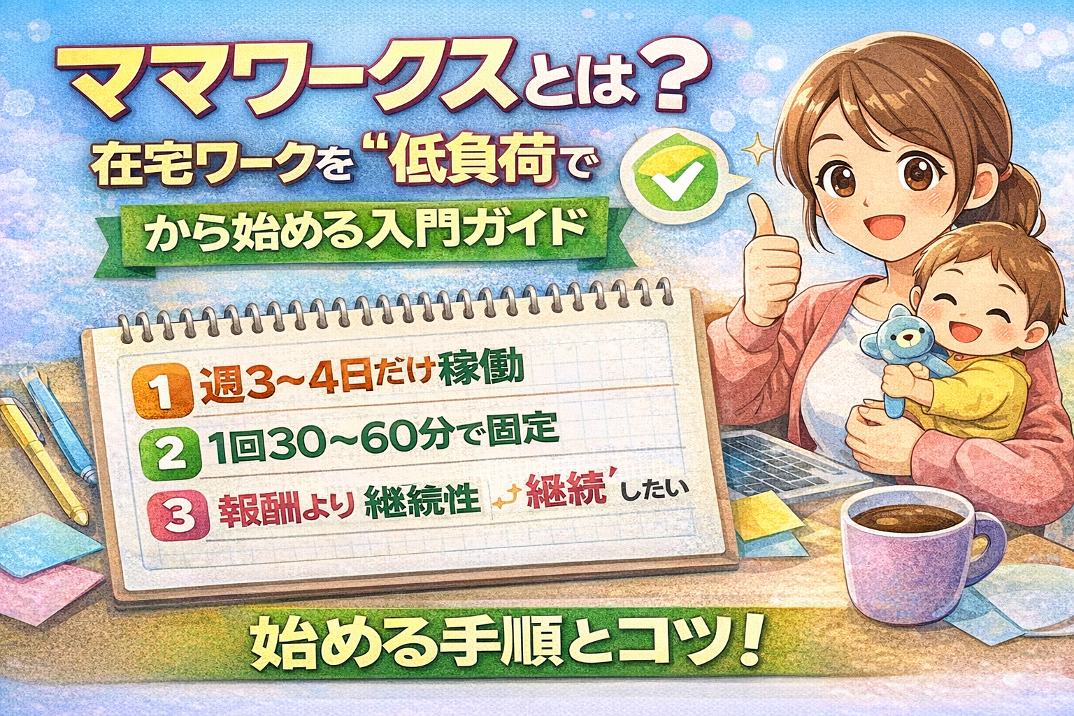 ママワークスの入門ガイドのサムネイル。在宅ワークを低負荷で月1〜2万から始める手順とチェックリストのイメージ。
