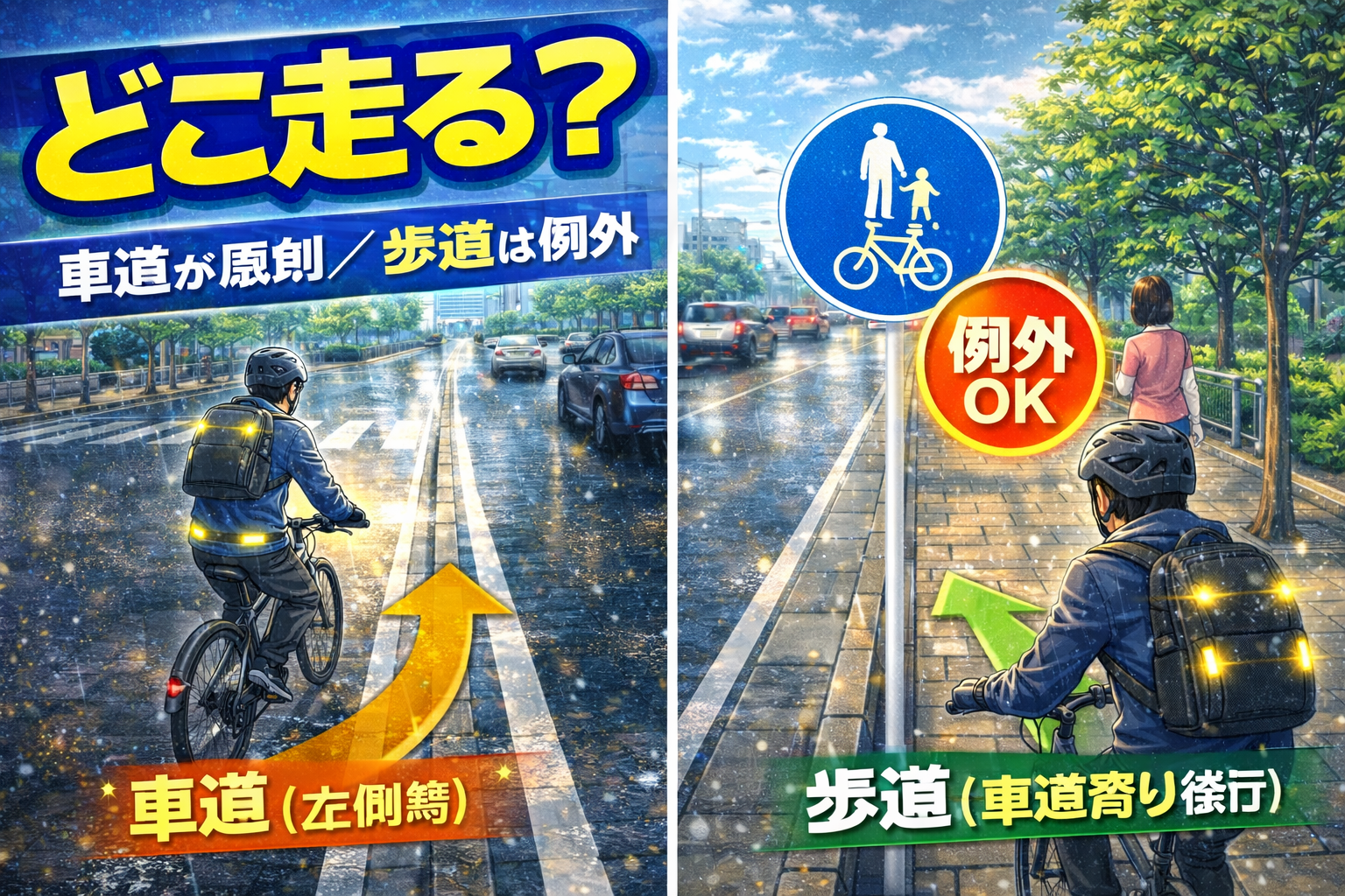 自転車が車道と歩道のどちらを通行すべきかを例外条件込みで整理したテンプレ図