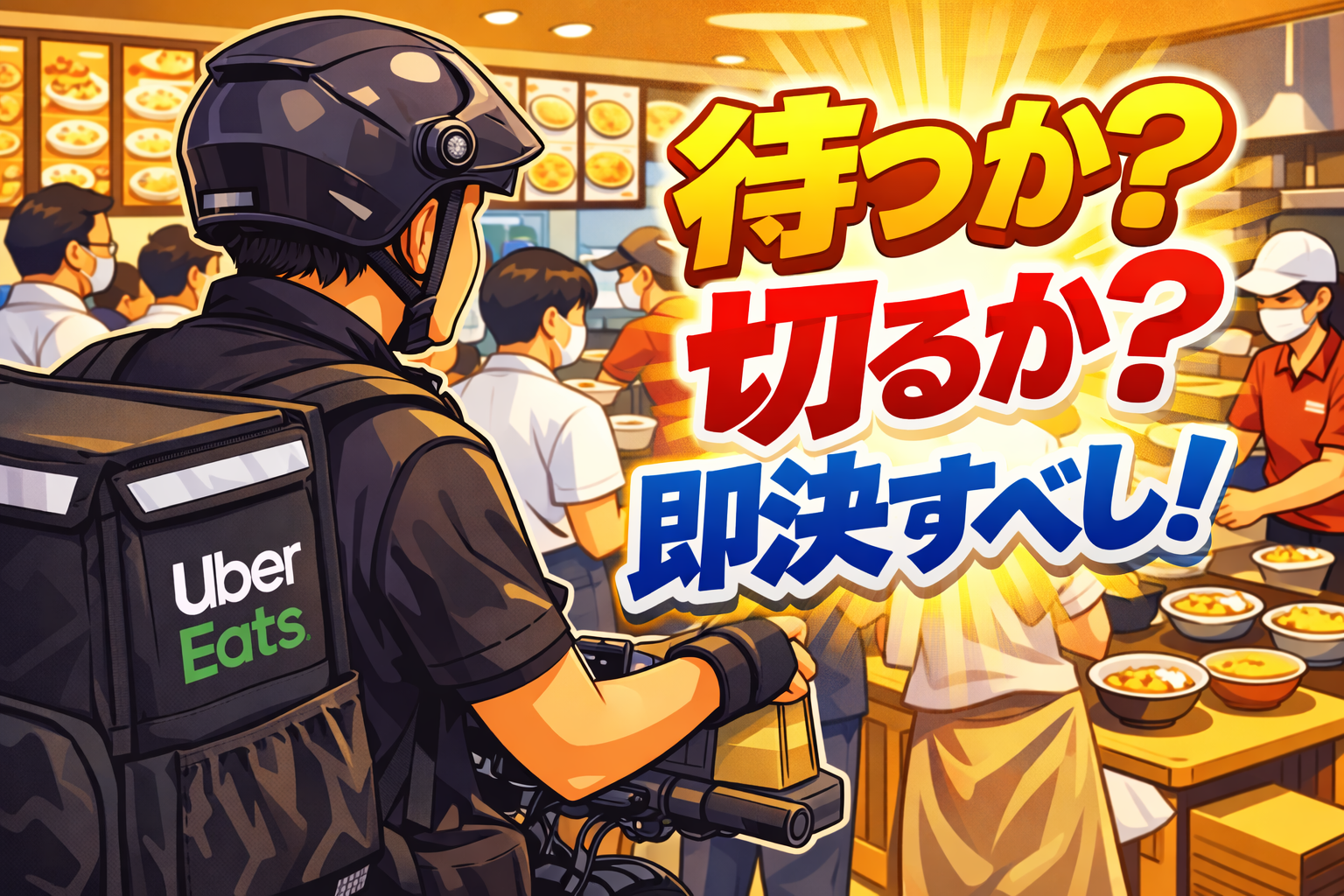 市が尾・あざみ野の昼ピークで、店頭の混雑と提供状況を一瞬で見抜き「待つ/切る」を即決してTPHを守る配達員のイメージ