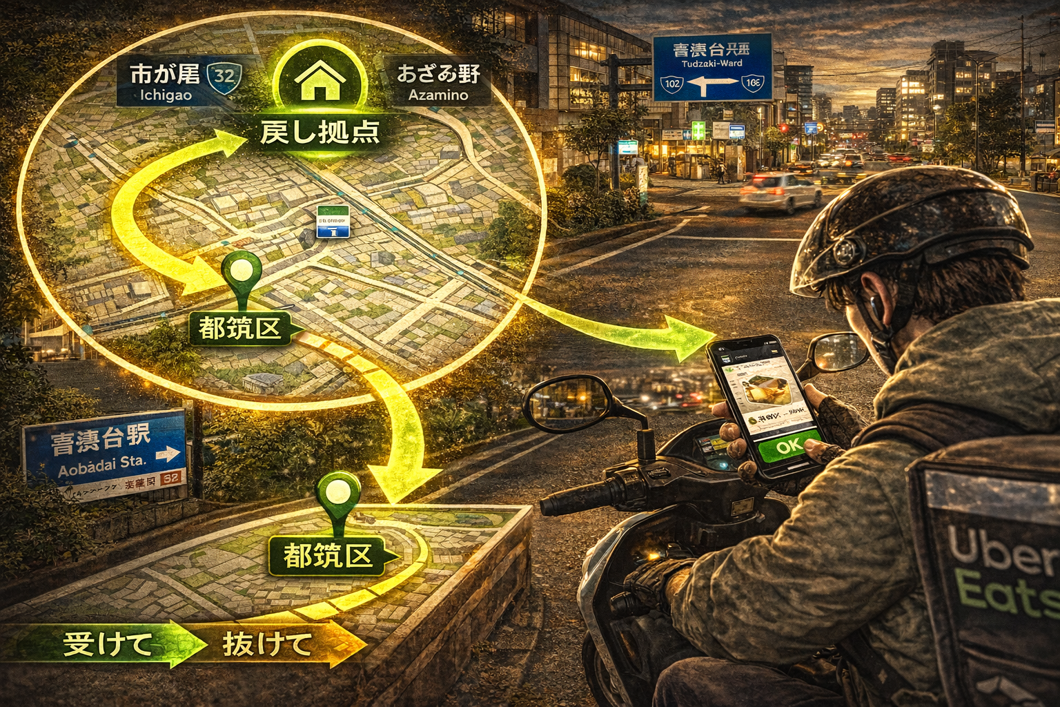 市が尾・あざみ野を起点に、都筑区や緑区へ流された後も“戻し拠点”へ復帰してペースを立て直し、ローカルで崩れずに回す50cc配達員のイメージ