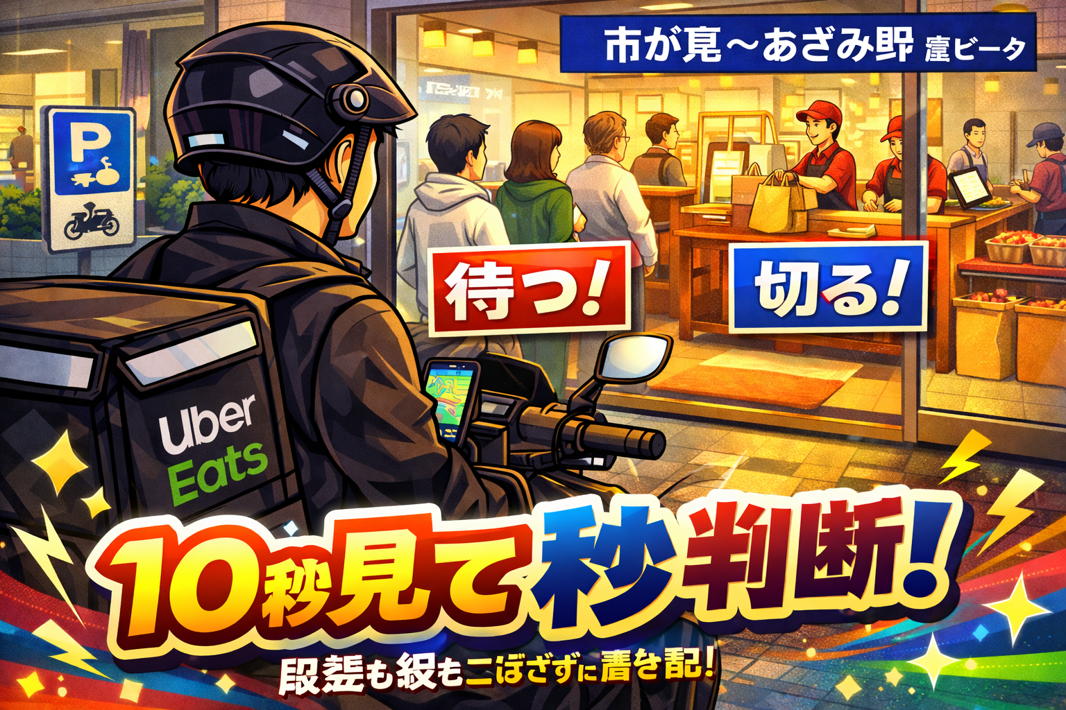 市が尾〜あざみ野の昼ピークで、原付配達員が駅前の店舗前に安全に停車し、店内の状況を10秒観察して「待つ/切る」を即決しTPHを守るイメージ
