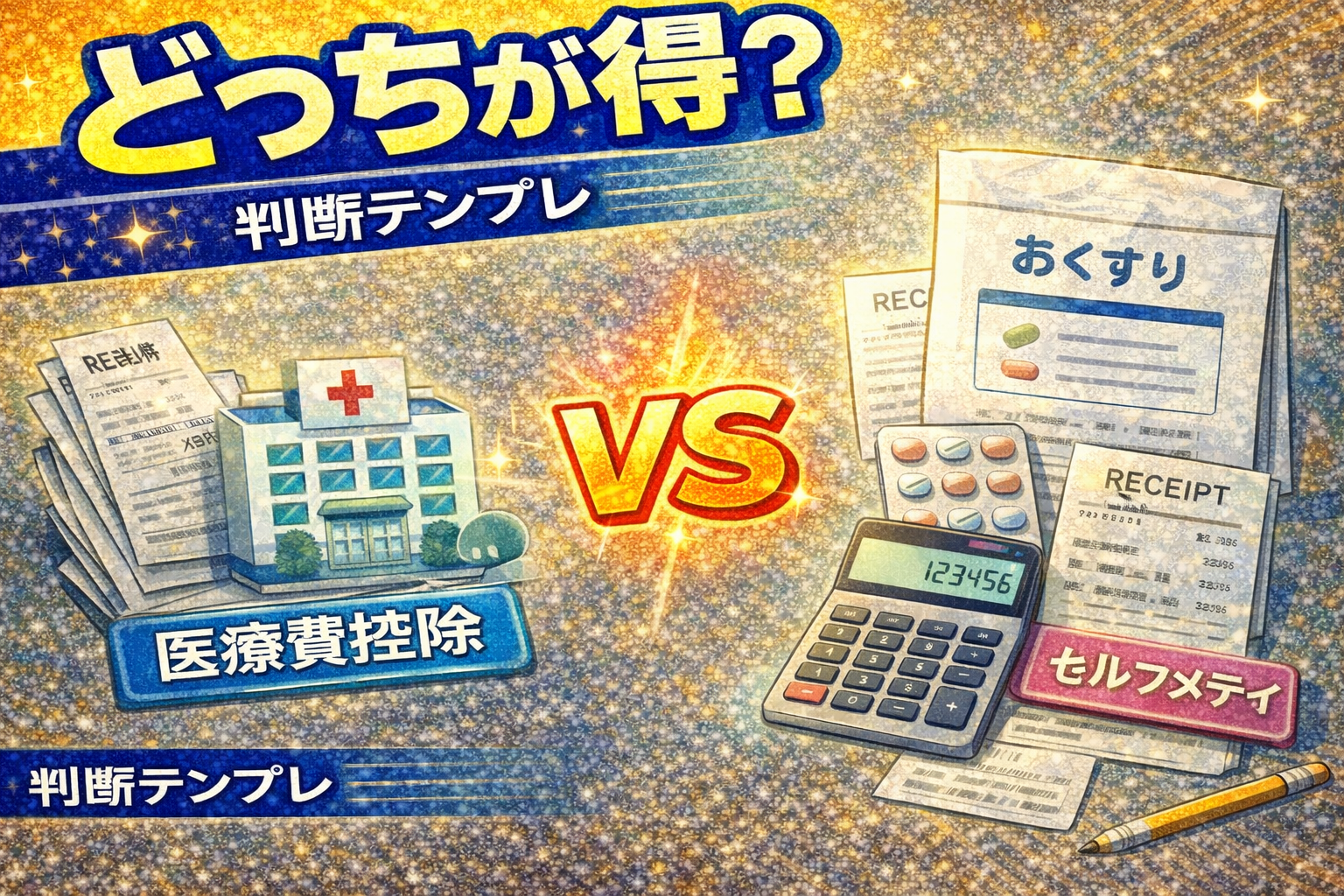 医療費控除とセルフメディケーション税制のどちらが得かを、領収書と薬のレシートで比較しているイメージ（2026）