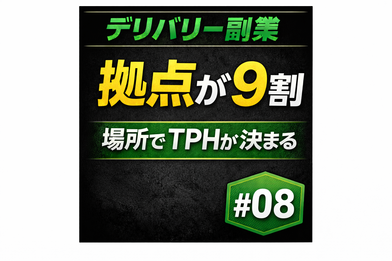 デリバリー副業#08のサムネイル。「拠点が9割」「場所でTPHが決まる」「#08」と書かれた黒背景の文字サムネ。
