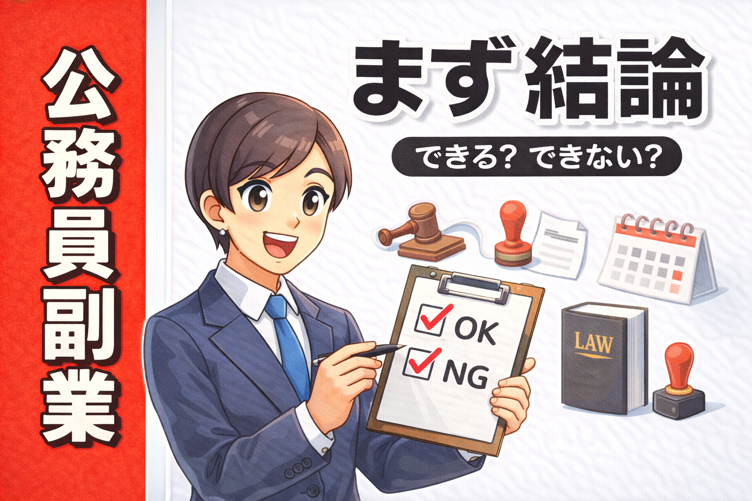 公務員の副業ができるかどうかを“まず結論”で整理する記事のサムネイル（法令・OK/NGのイメージ）