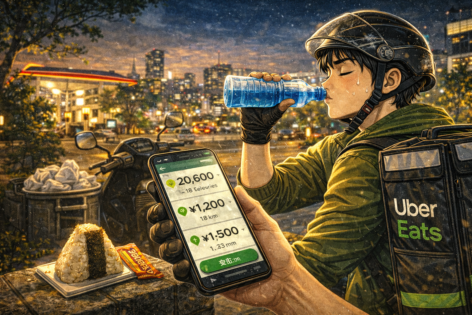 ピーク後に水分補給しながら地図で次の拠点へ戻るルートを確認し、平均を立て直しているイメージ