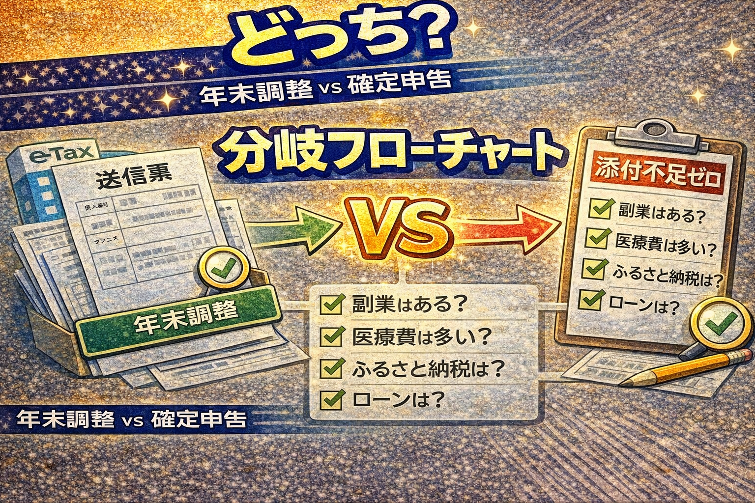 年末調整で終わるか確定申告が必要かを、チェック項目つきフローチャートで判断しているイメージ（2026）