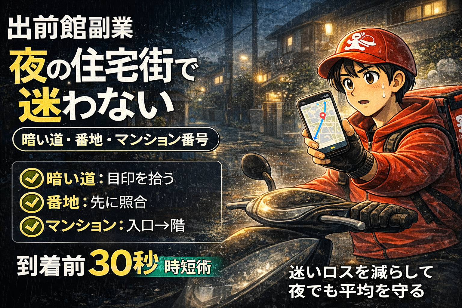 夜の住宅街で番地とマンション番号を確認しながら迷わず到着するために、地図を見て判断する配達員のイメージ