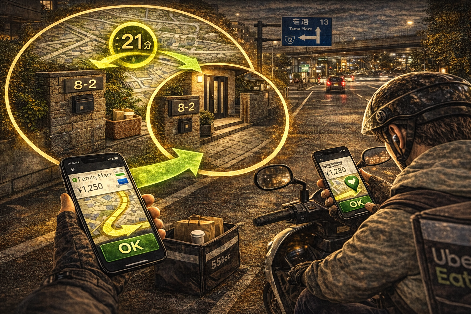 鷺沼〜たまプラーザ周辺で、地図と幹線ルートを見ながら「行く／戻す」を即決し、単価と時間を守って稼働している50cc配達員のイメージ