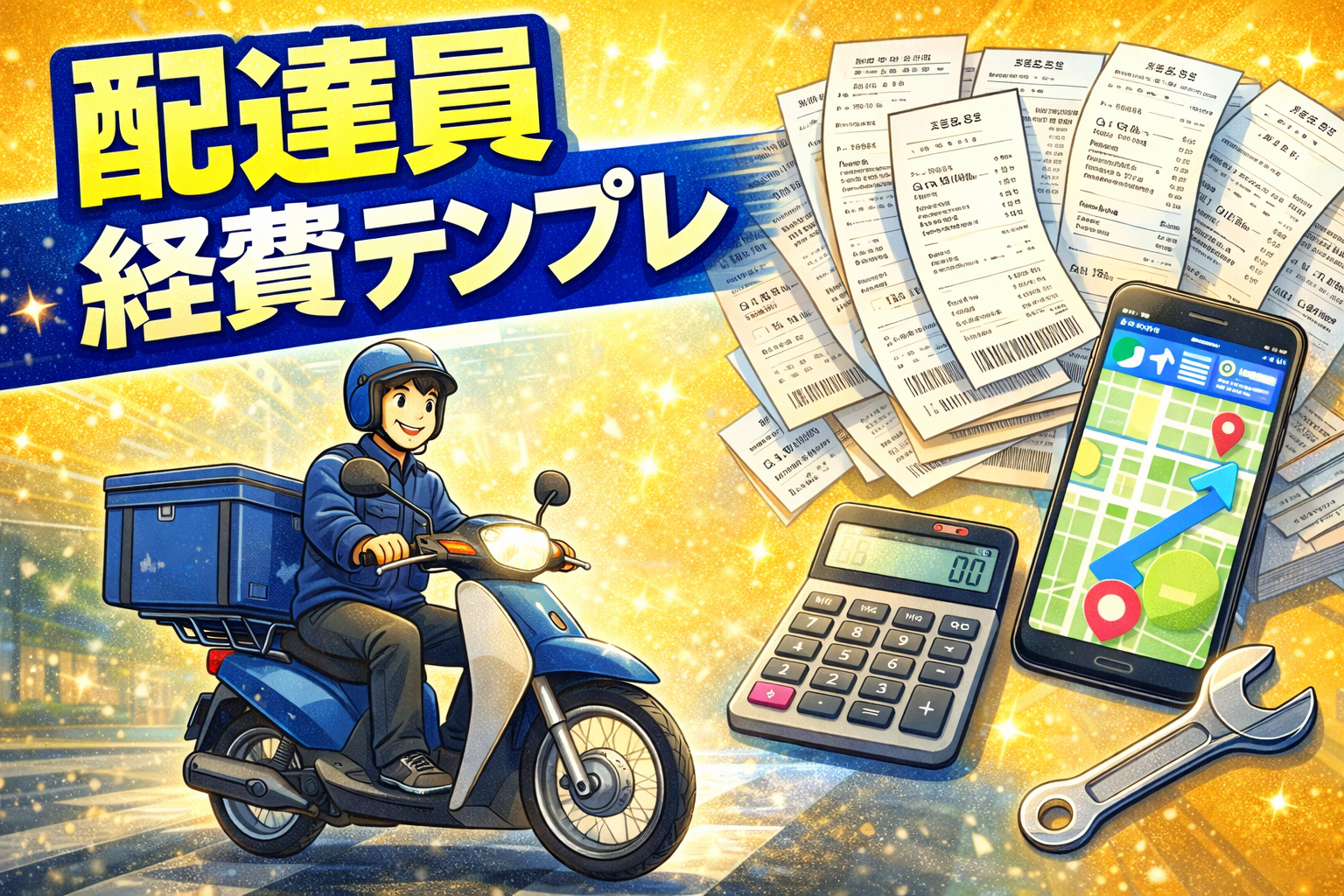 配達員が原付とスマホ、レシート、電卓を使って経費と按分を整理している確定申告テンプレのイメージ（2026）