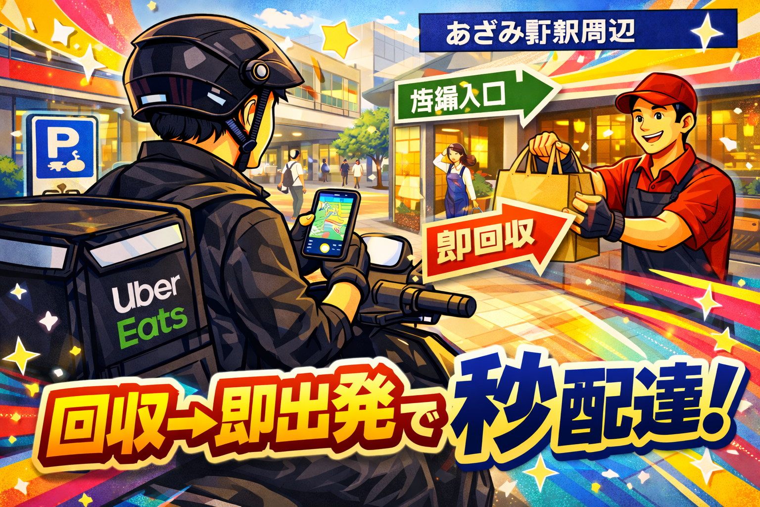 あざみ野駅周辺の昼ピークで、原付配達員が安全に停車できる位置を先に固定し、スマホ地図と店の入口動線を確認して「回収→即出発」でTPHを守るイメージ