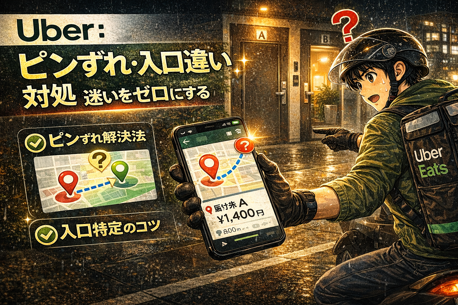 地図アプリでピンずれを確認し、建物の入口を見極めてスムーズに到着しているイメージ