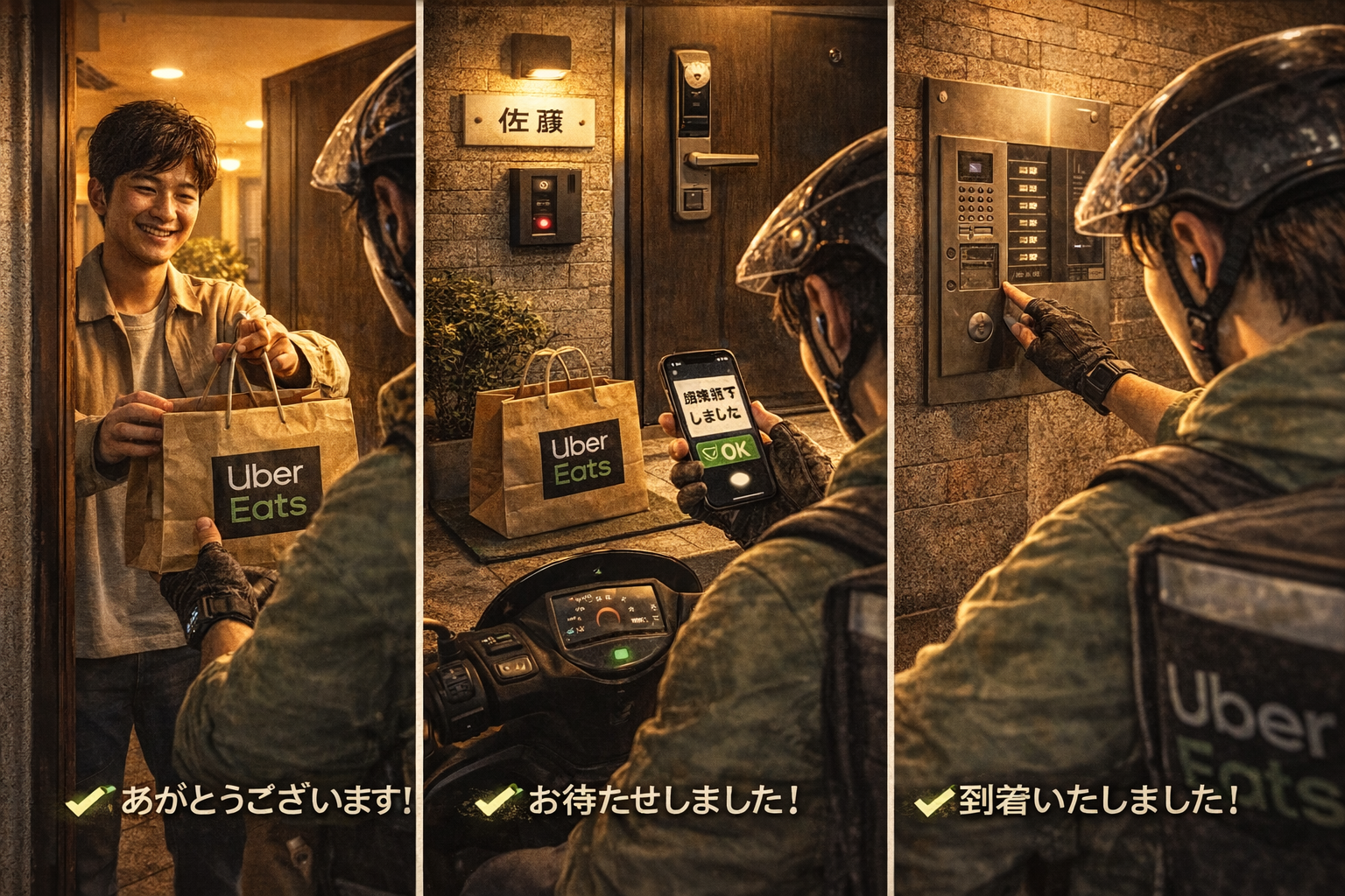 対面・置き配・呼び出し（オートロック等）の場面で、短い丁寧な定型文を使い、評価を落とさずスムーズに受け渡しを完了している配達員のイメージ