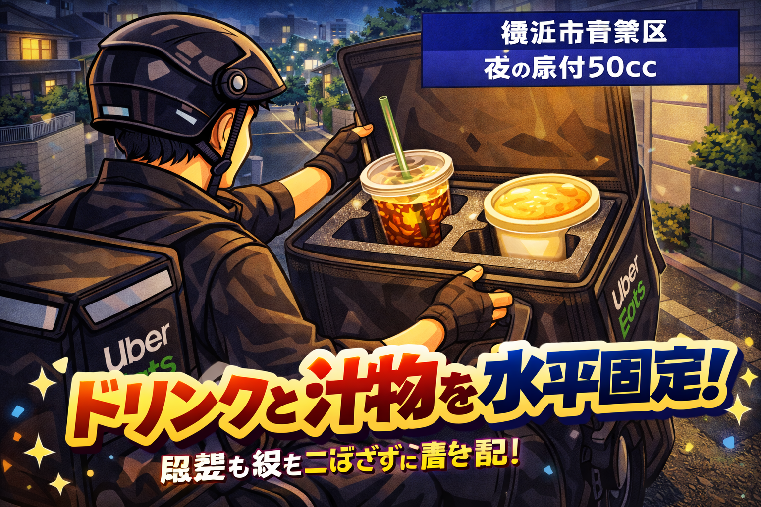 横浜市青葉区の夜、原付50ccの配達員が配達バッグの中で「ドリンクと汁物」を水平に固定し、段差と坂でもこぼさずに置き配まで成立させるイメージ