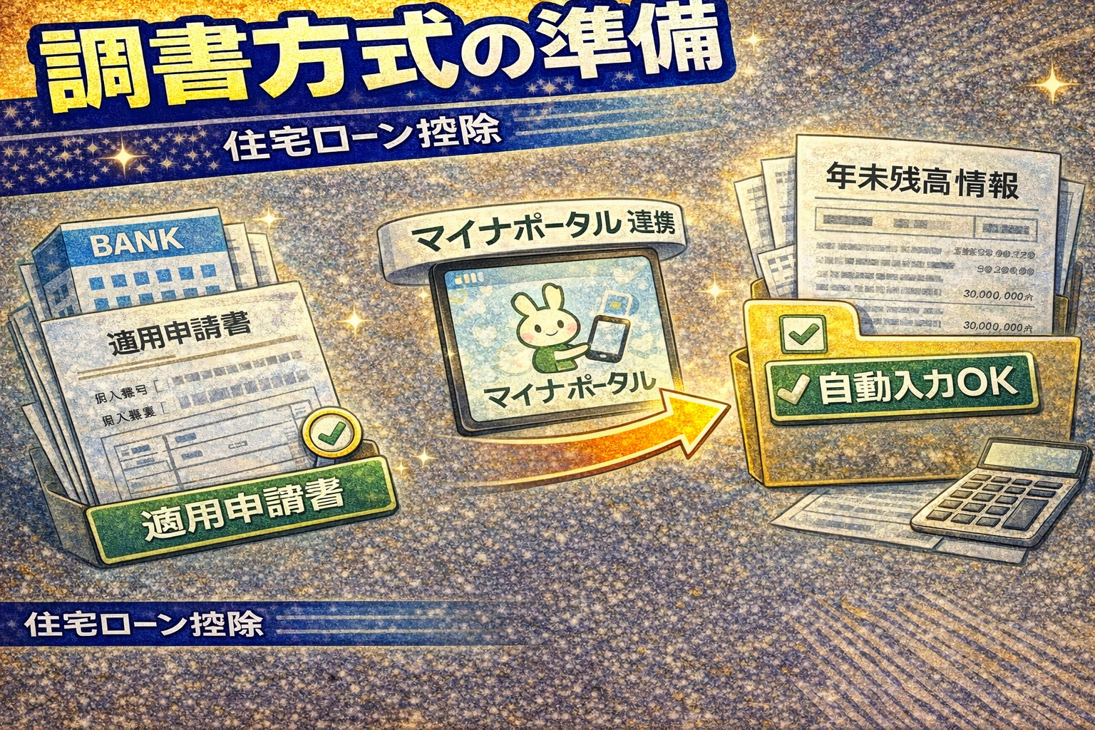 住宅ローン控除の調書方式を使うために、金融機関申請とマイナポータル連携を準備して年末残高情報を自動入力する流れのイメージ（2026）