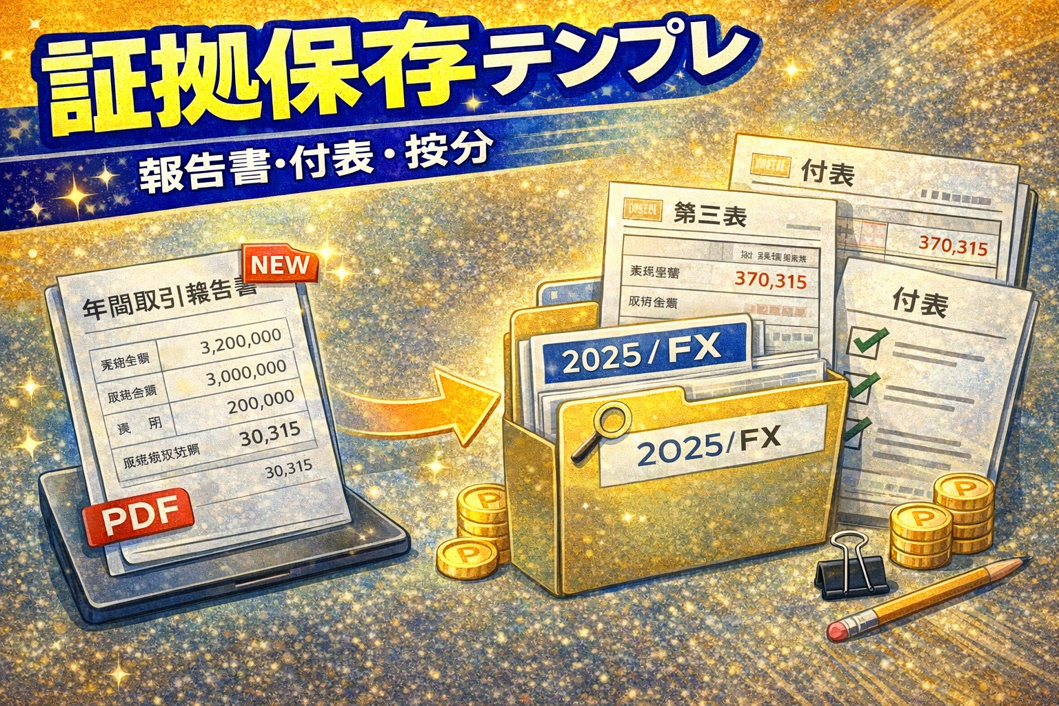 FXの年間取引報告書と申告書控え（第三表・付表）をフォルダに整理して証拠保存しているイメージ（2026）
