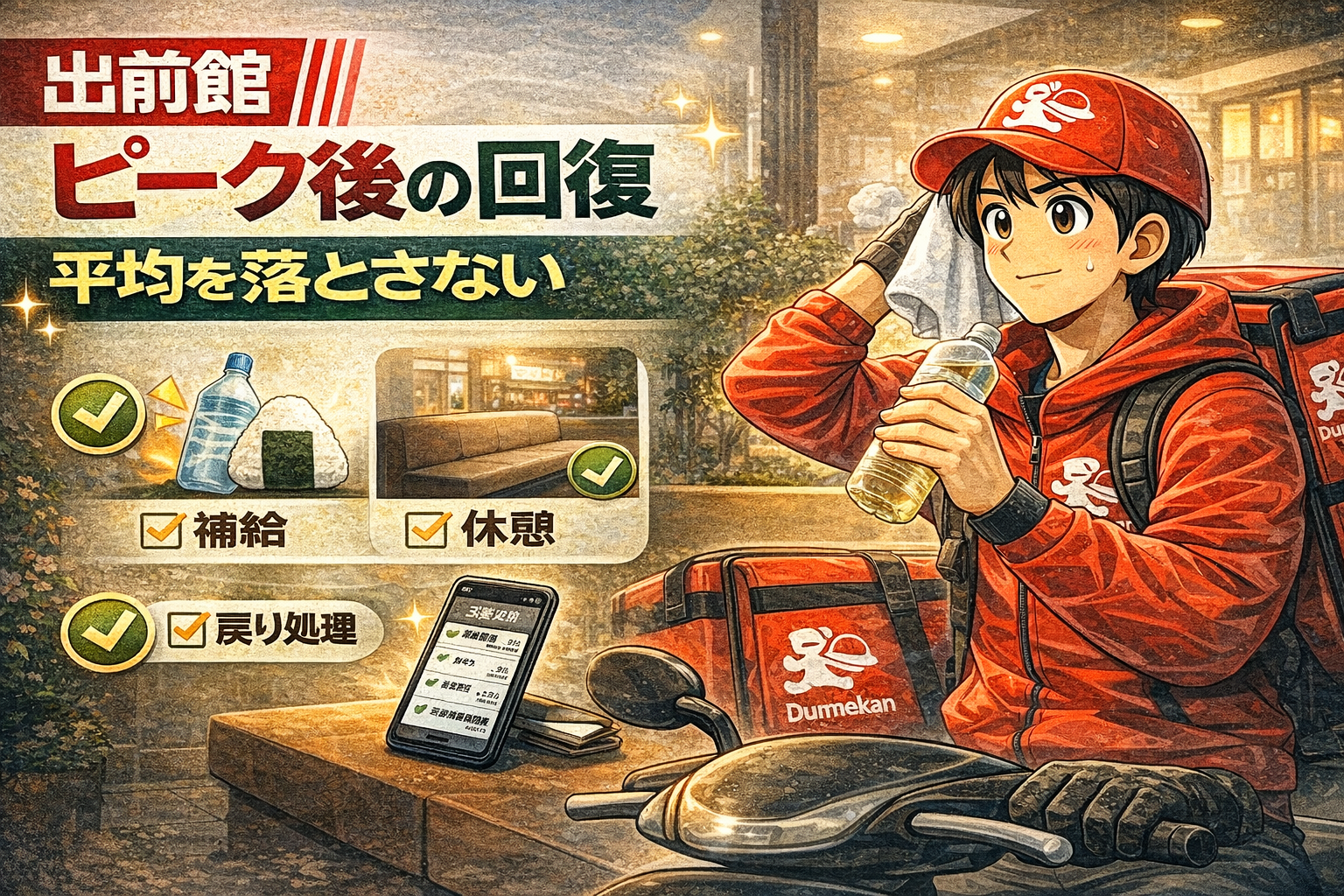 ピーク後に休憩と補給をしてルートを整え、平均単価を落とさないためのリセットをする配達員のイメージ