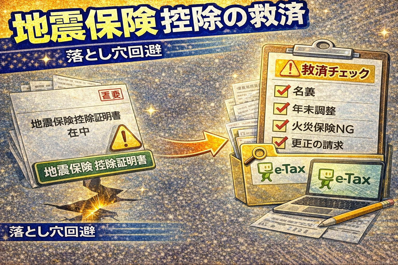 地震保険料控除で証明書不足や名義違いなどの落とし穴をチェックし、確定申告で救済する手順を整理しているイメージ（2026）