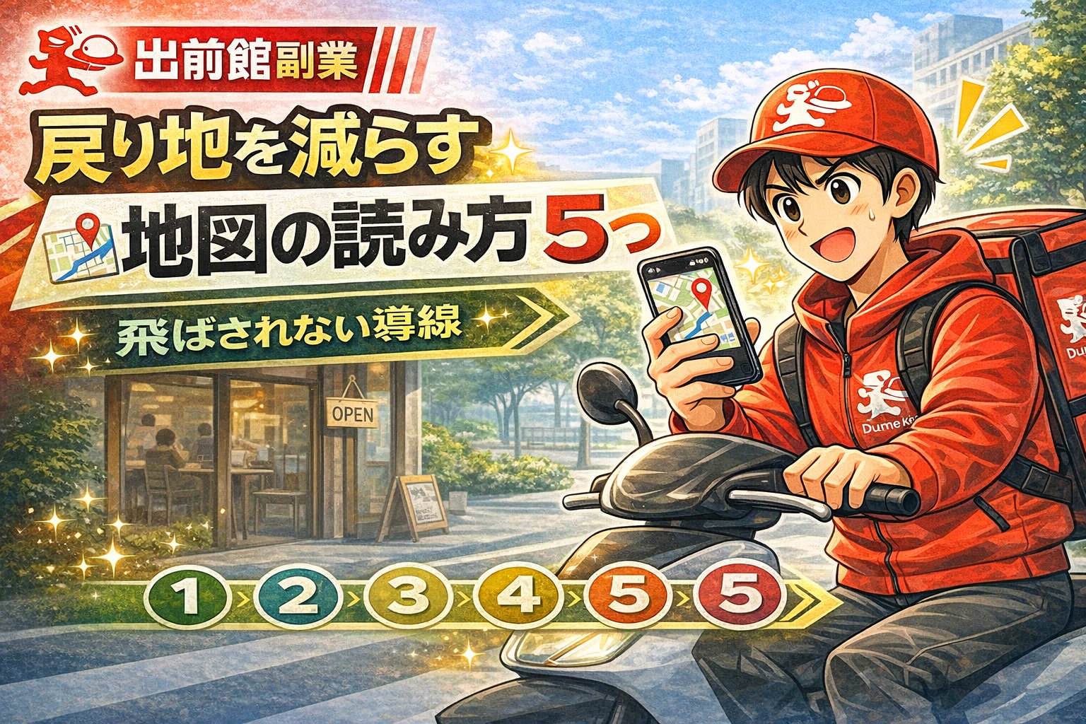 出前館の配達で戻り地獄を避ける地図の読み方を解説する、地図とルート線を見ながら判断する配達員のイメージ