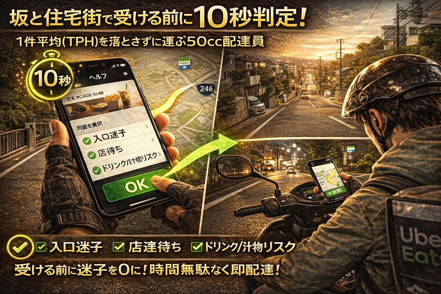 横浜市青葉区の坂と住宅街で、受ける前に“入口迷子・店待ち・ドリンク/汁物リスク”を10秒判定し、平均（TPH）を落とさずに回す50cc配達員のイメージ