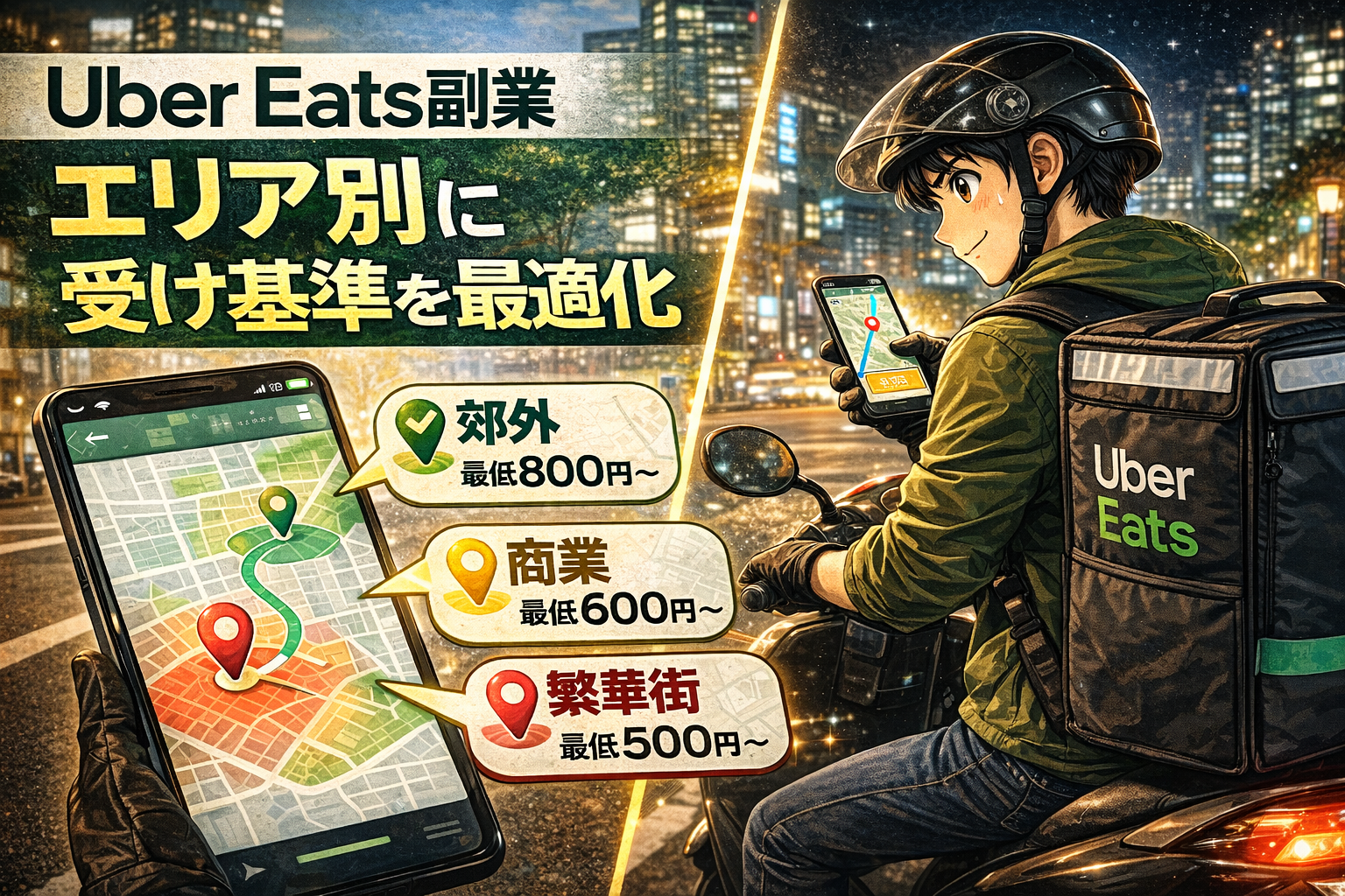 地図上でエリアごとの特徴（繁華街・住宅街・郊外）を見ながら、Uber Eatsの受け基準を調整しているイメージ