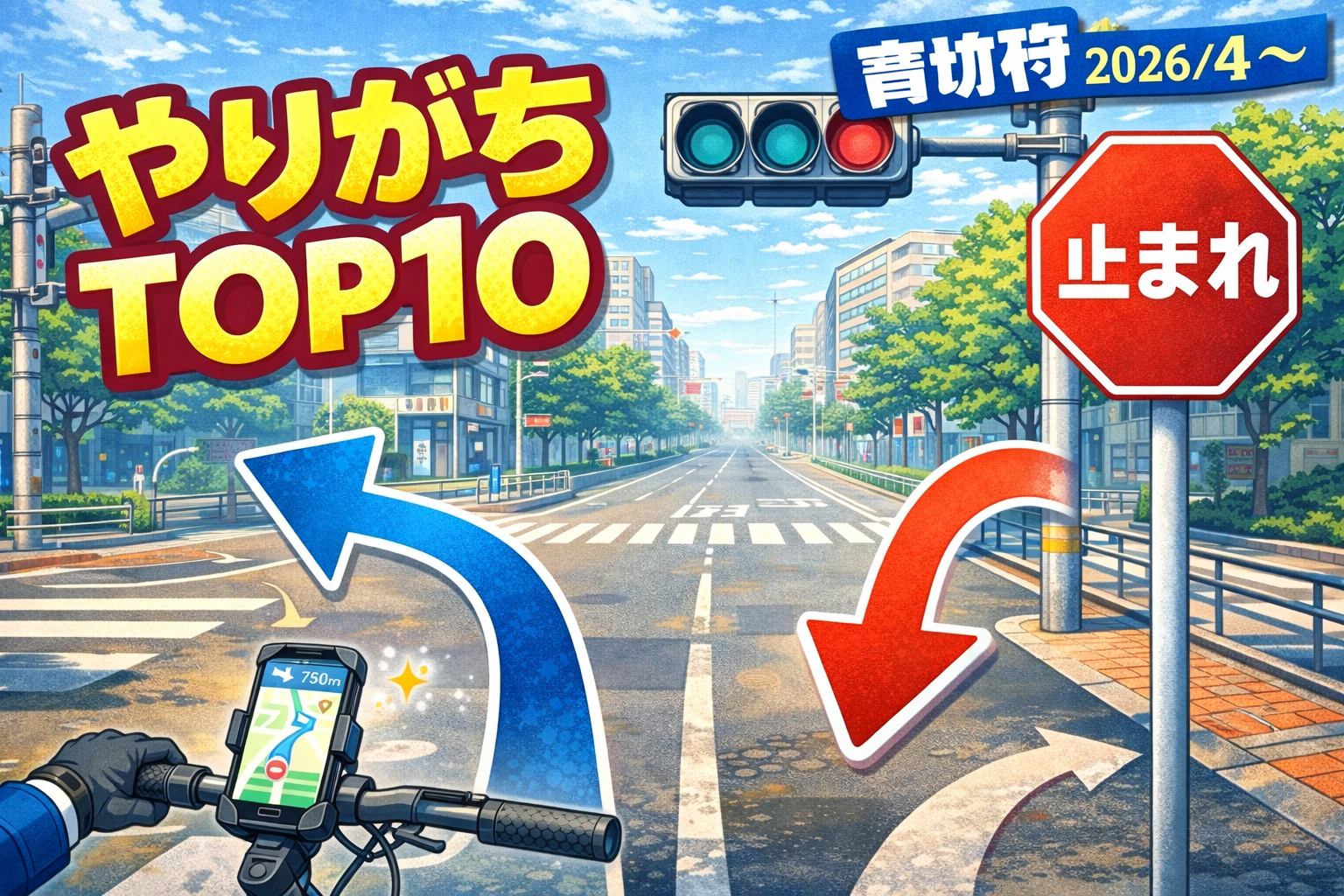 自転車の青切符で取り締まり対象になりやすい違反TOP10を示すイメージ（逆走・信号・止まれ）