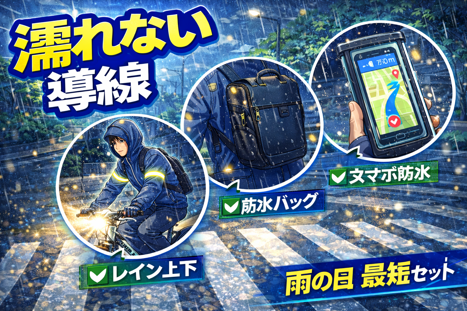 雨の日に自転車で濡れないための装備と導線（服・バッグ・スマホ防水）を示すイメージ