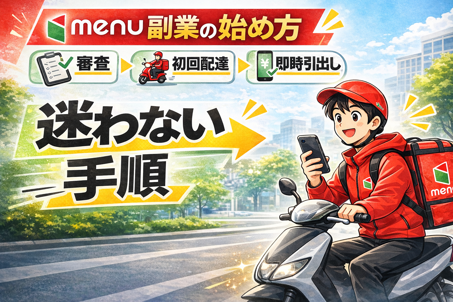 menu（メニュー）副業の始め方サムネ（審査→初回配達→即時引出しの流れをアイコンで図解、赤いmenuウェアの配達員がスマホを見ながらスクーターで走る、街並み背景／迷わない手順）