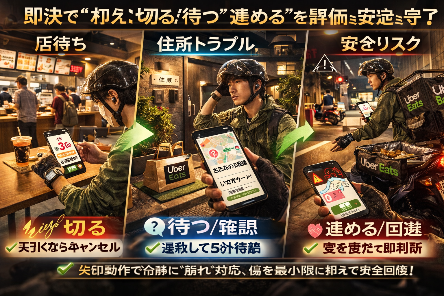店待ち・住所トラブル・安全リスクの場面で、焦らず“切る/待つ/進める”を即決し、評価を落とさずに稼働を立て直す配達員のイメージ