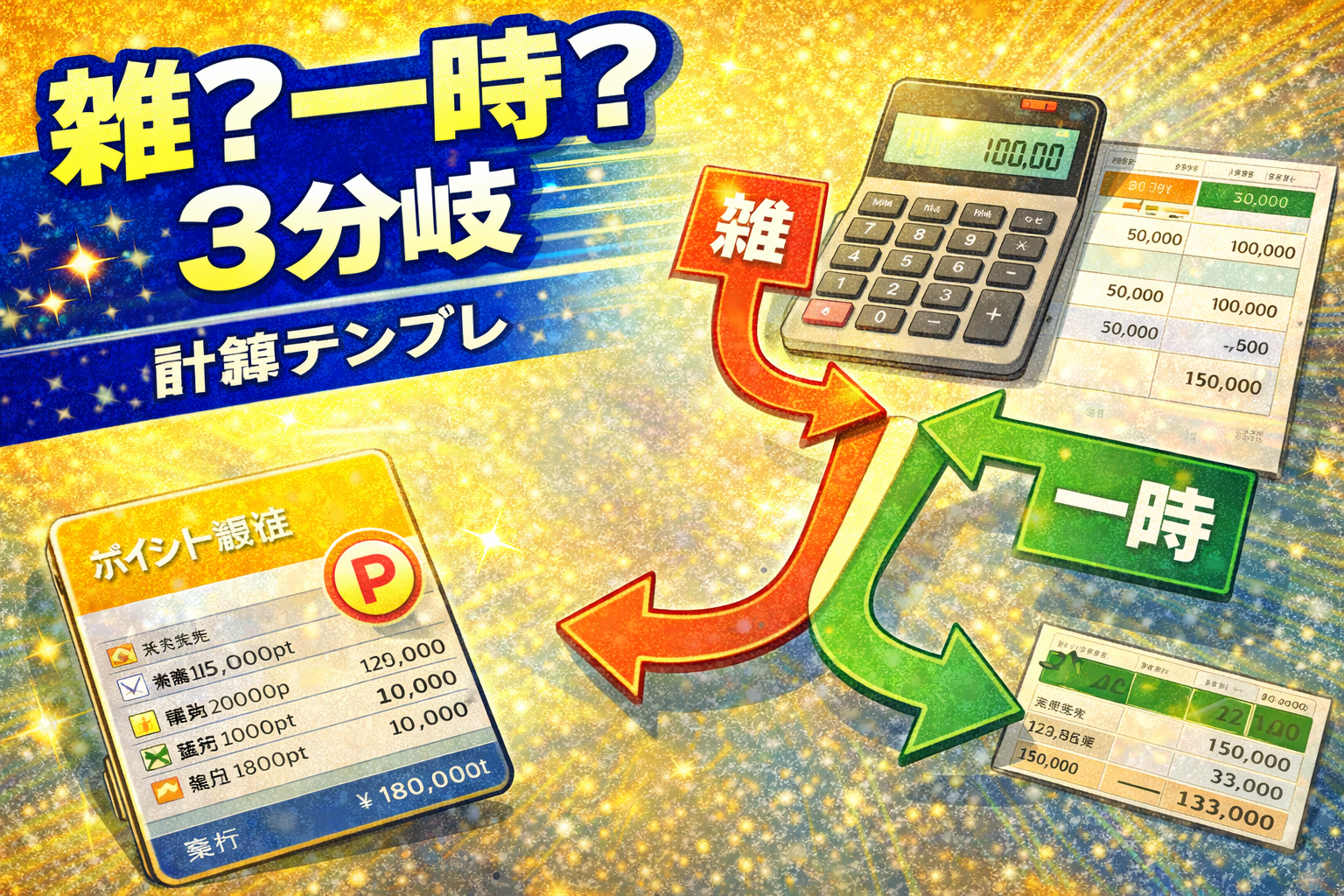 ポイ活ポイントの所得区分（雑所得・一時所得）を分岐図と電卓で整理しているイメージ（2026）