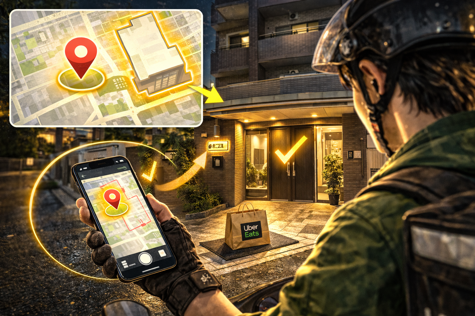 地図のピン位置と建物の形・入口を照合して、迷わず正しい入口に到着しているイメージ