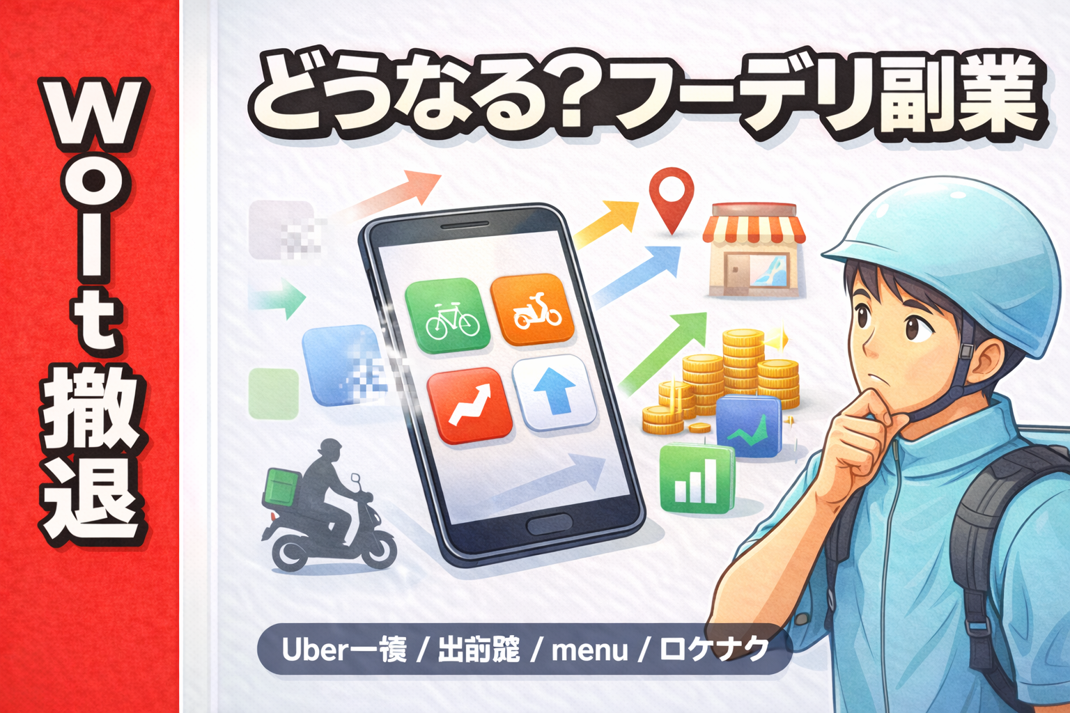 Wolt撤退後のフードデリバリー副業市場の変化を分析する記事サムネイル。配達アプリ風アイコン、地図、グラフ、配達員イラストと「どうなる？フーデリ副業」の文字入り。