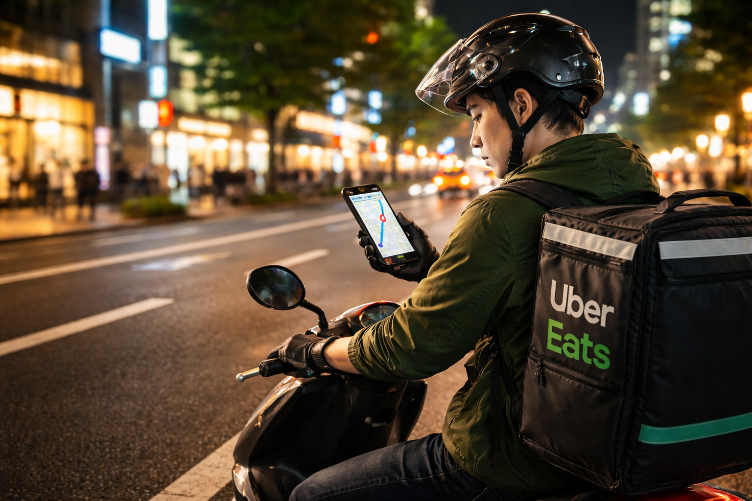 夜の街で配達バッグを背負った配達員が、明るい大通りで安全に停止しながら地図を確認しているイメージ