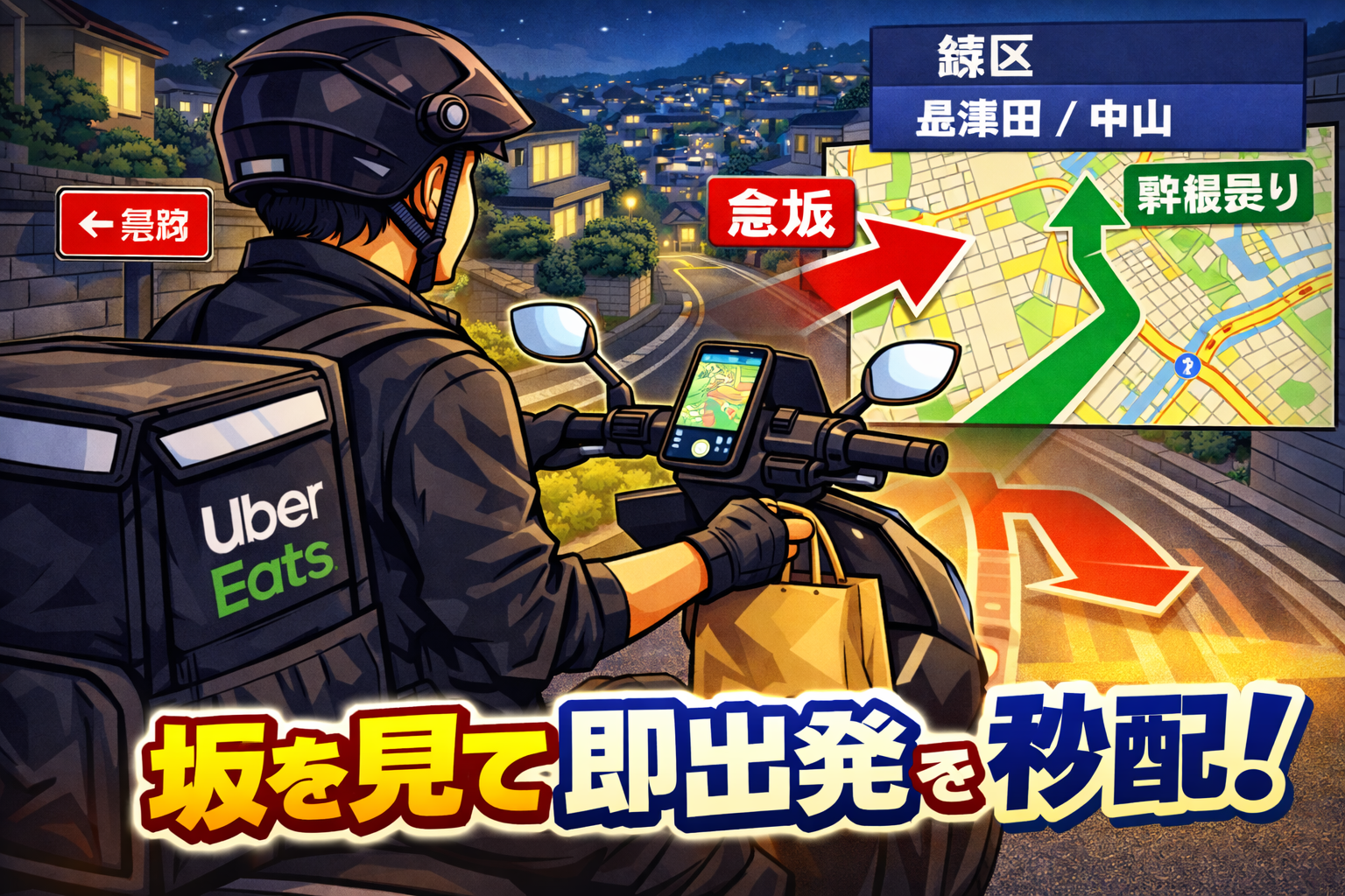緑区（長津田/中山）の坂道と住宅街の夜道で、原付配達員が「坂の向き（上り量）」と「幹線へ戻る導線」を瞬時に判断し、TPHを守るイメージ