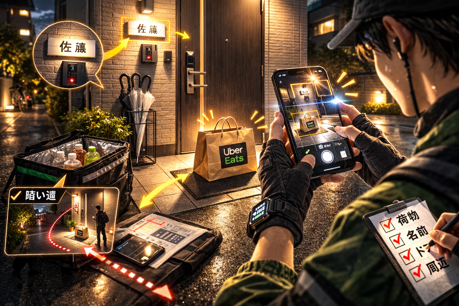 置き配の荷物と玄関周辺の目印を一緒に写し、夜でも証拠になる写真を撮っているイメージ