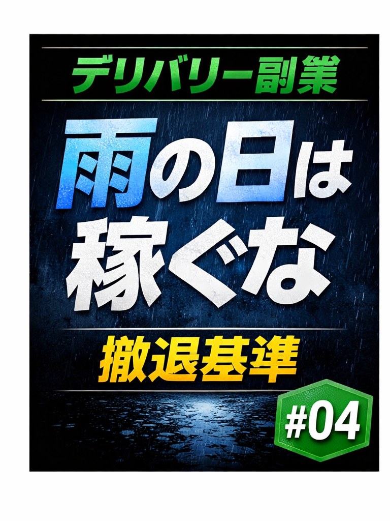 デリバリー副業#04のサムネイル。「雨の日は稼ぐな」「撤退基準」「#04」と書かれた黒背景の文字サムネ。