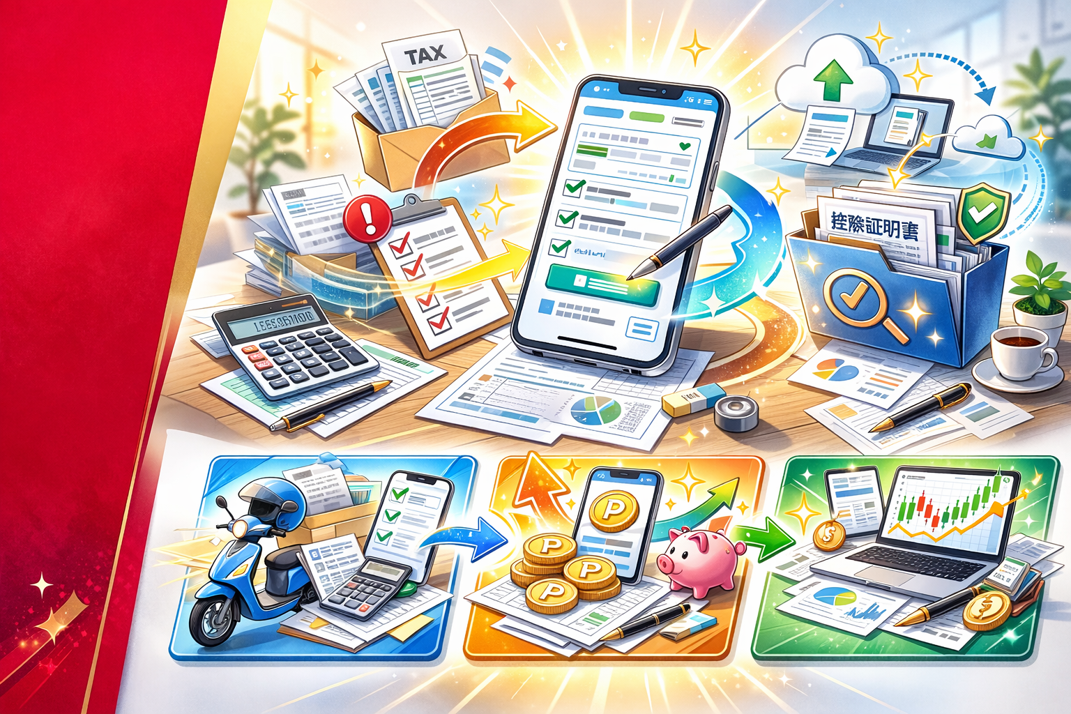 「確定申告を職業別（配達員・ポイ活・FX）と共通テンプレに整理し、スマホと書類アイコンで“入口ハブ”を表したサムネ（2026）」