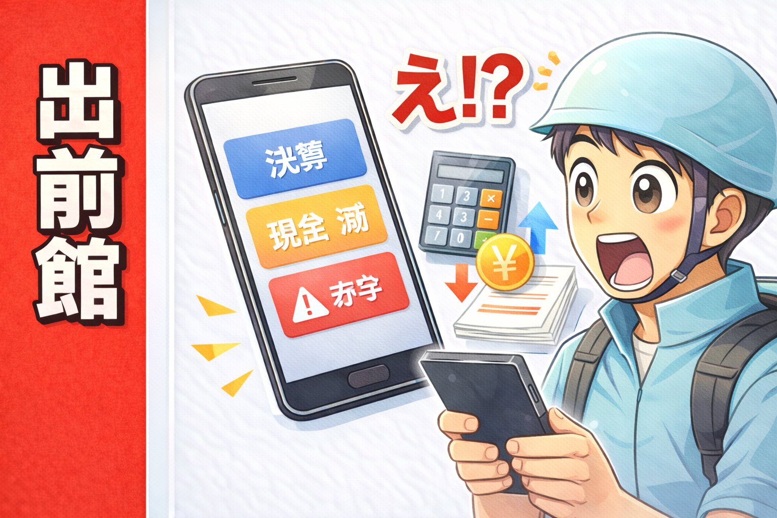 出前館の決算（現金減・赤字）を示すカードをスマホで確認し驚く配達員のポップアニメ調サムネイル