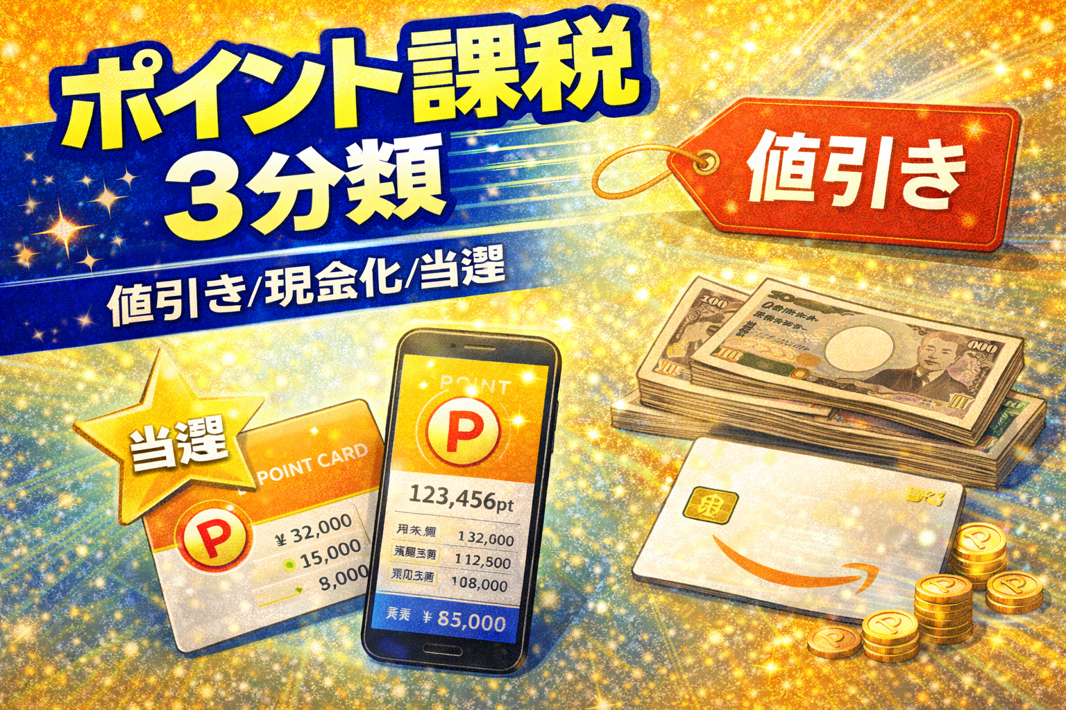ポイ活ポイントが課税か非課税かを値引き・現金化・キャンペーンの3分類で整理しているイメージ（2026）