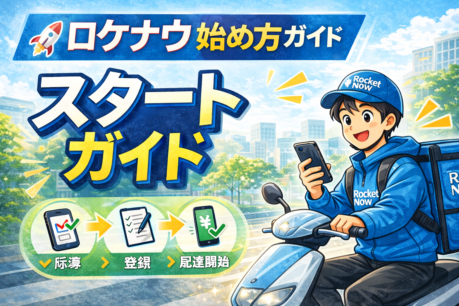 ロケナウ（Rocket Now）の始め方を解説する、スマホを持った配達員と街並みのスタートガイド風イラスト