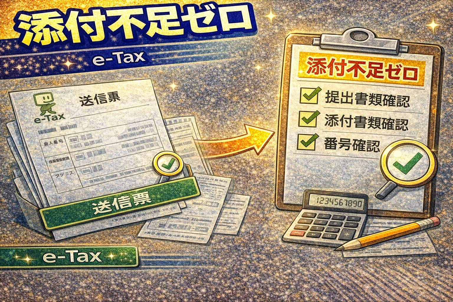 e-Tax送信後の送信票（兼送付書）で必要書類をチェックして添付不足を防いでいるイメージ（2026）