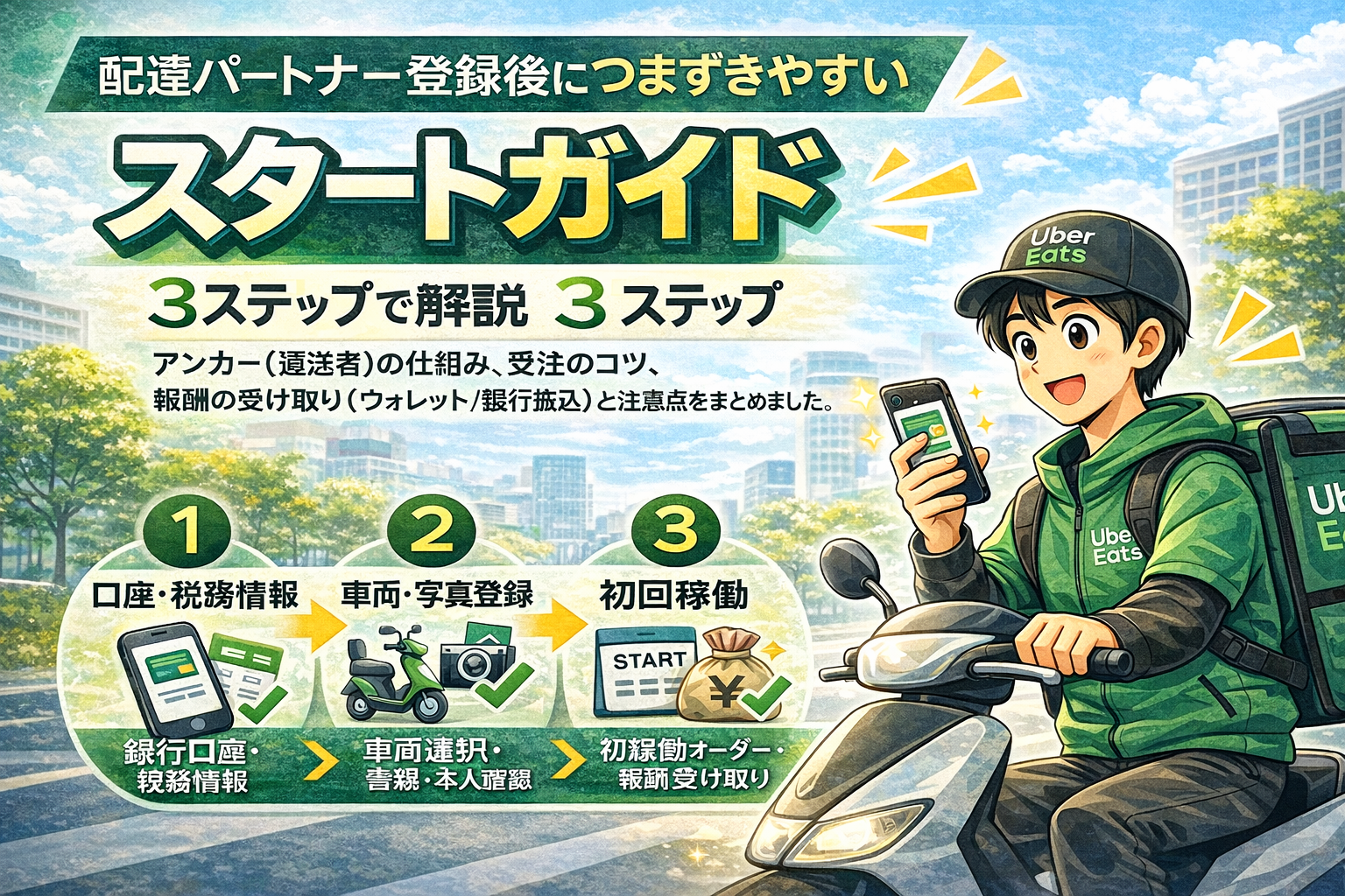 Uber Eatsの登録後に詰まりやすい「口座・車両・初回稼働」を3ステップで解説するスタートガイド（スマホを持つ配達員と街並みのイメージ）