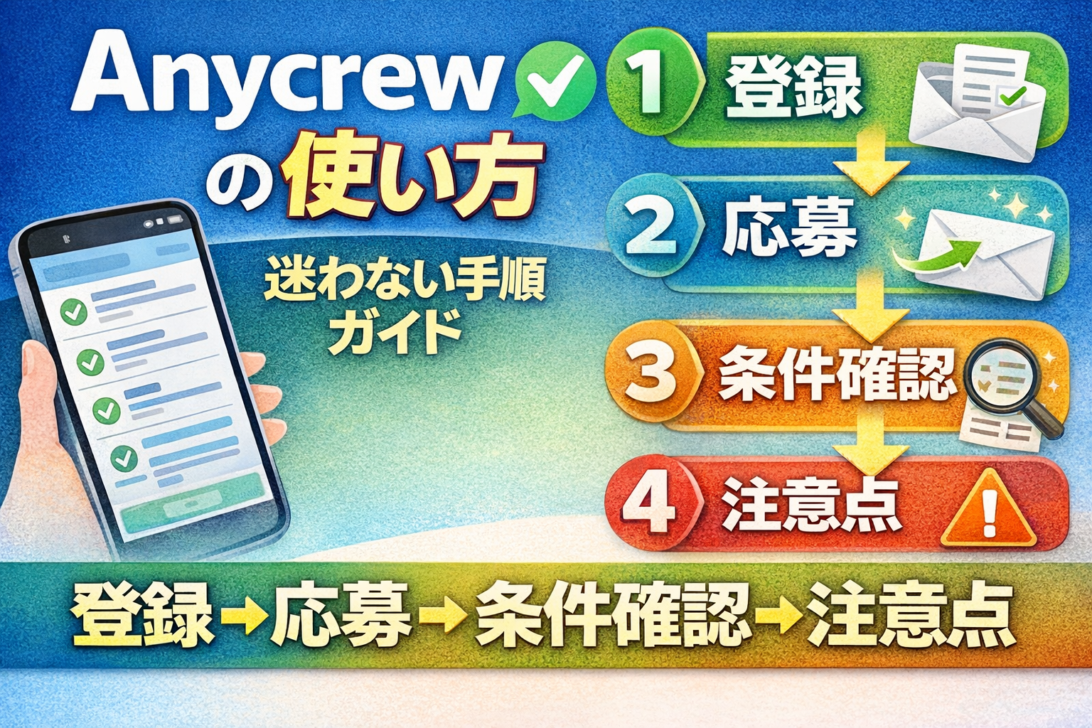 Anycrew（エニクル）の使い方を解説するサムネイル。登録・応募・条件確認・注意点の流れを図解イメージで示した画像。