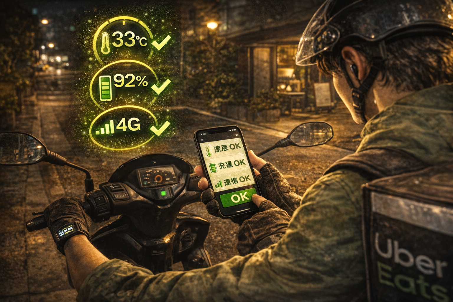 走行前にスマホの温度・充電・通信状態をチェックし、熱暴走や通信断を回避して安定稼働している配達員のイメージ
