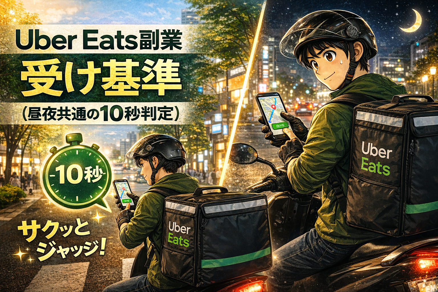 Uber Eats副業の受け基準（昼夜共通の10秒判定）を解説するサムネイル