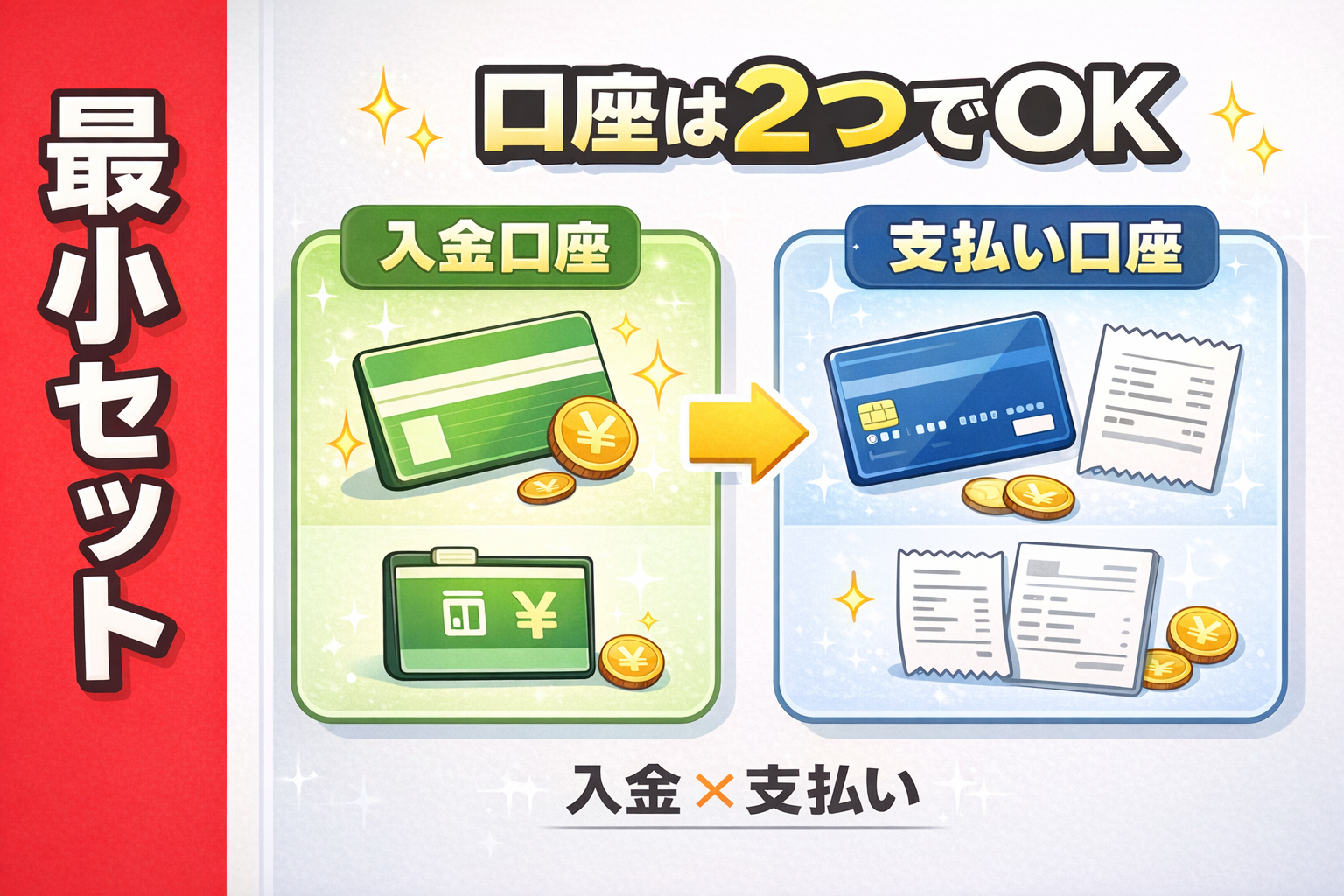 副業のお金を混ぜないために、入金口座と支払い口座を分けて管理する最小セットを図解したイメージ