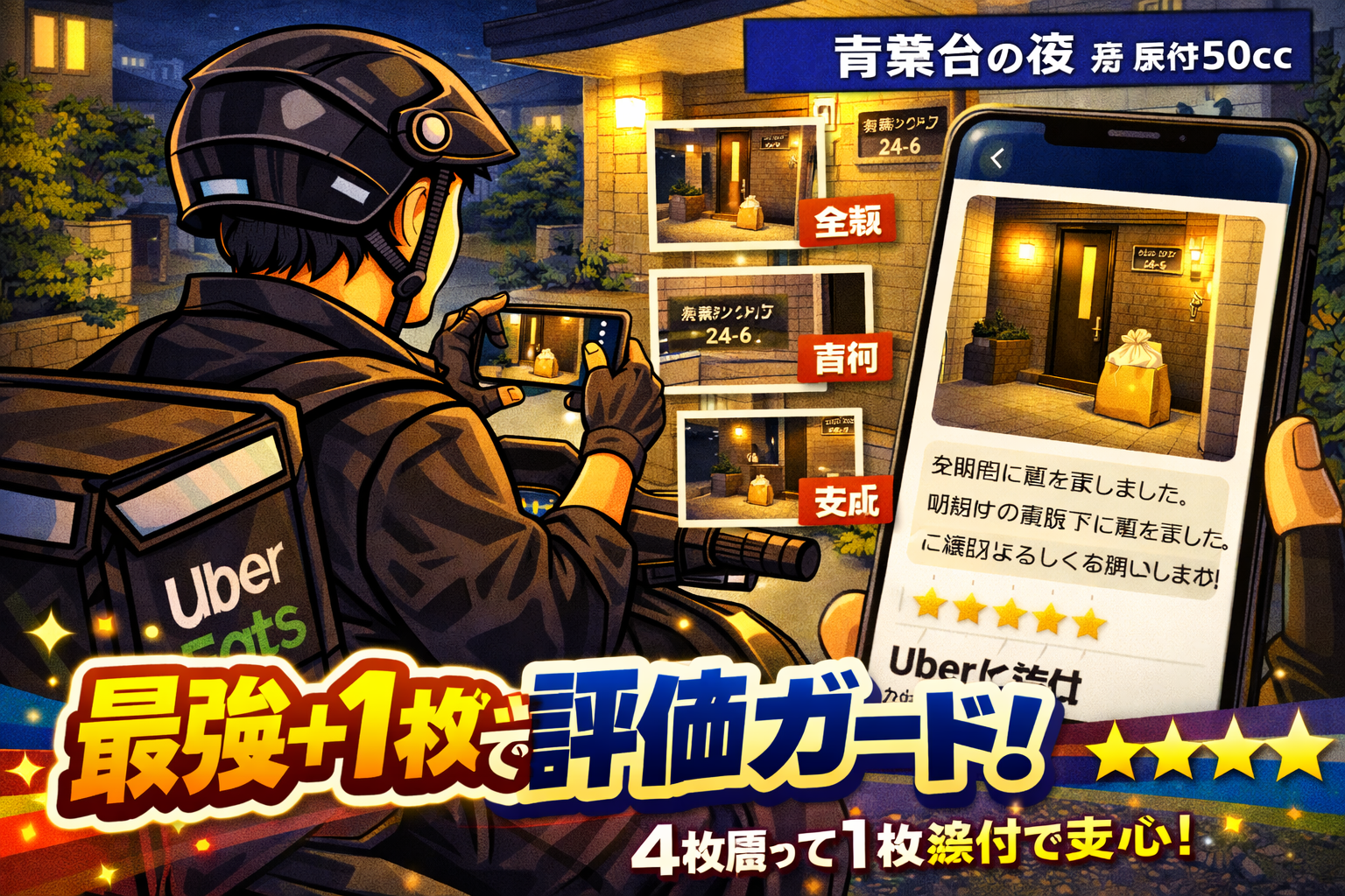青葉台の夜、玄関前の屋根下に置き配した荷物を「全景→目印→足元→引き」の順で4枚撮り分け、最強の1枚をUberに添付して評価を守る原付配達員のイメージ